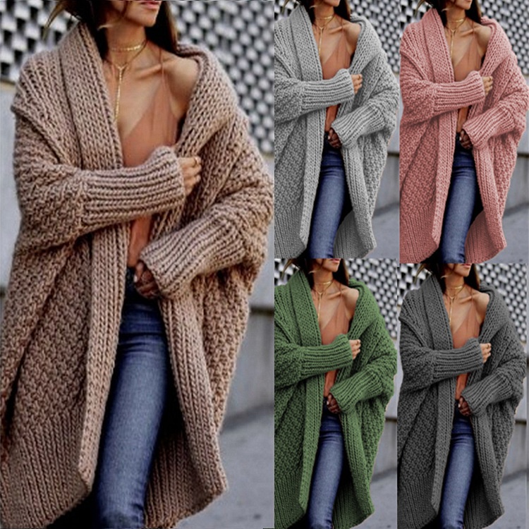 Damen Strickjacke Grobstrick V-Ausschnitt Herbst Winter 3
