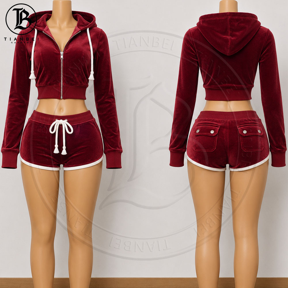 Damen Samt-Trainingsanzug mit Rippstrick-Jacke 2