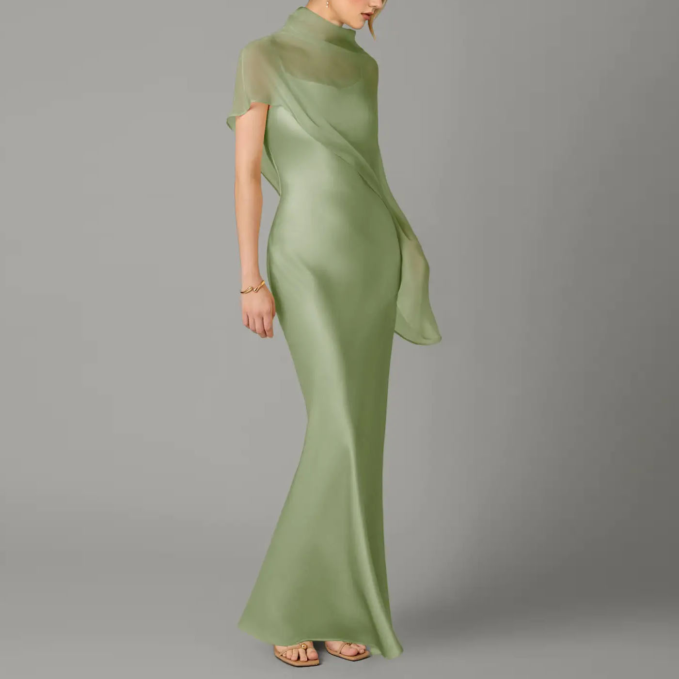 Salbeigrünes Chiffon-Abendkleid mit Cape 3