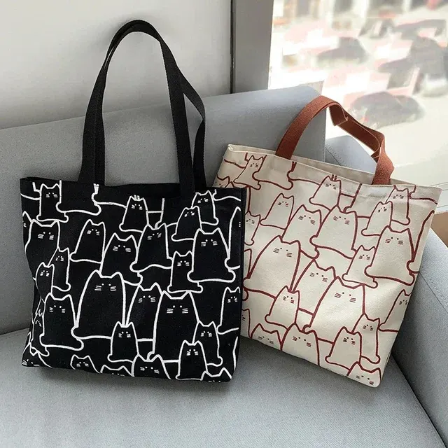 Japanisch inspirierte Canvas-Schultertasche mit Katze 2