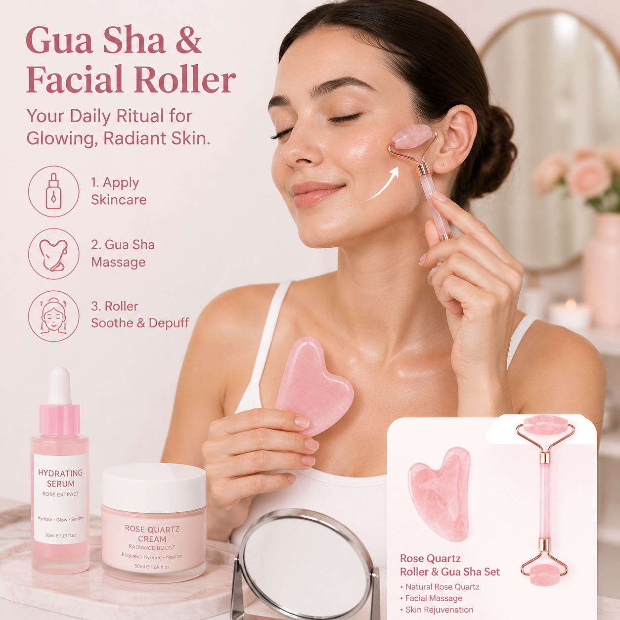 Rosenquarz Gua Sha Gesichtsroller Set 2