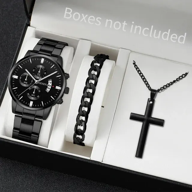 Herren Edelstahl Armbanduhr Set mit Kalender 3