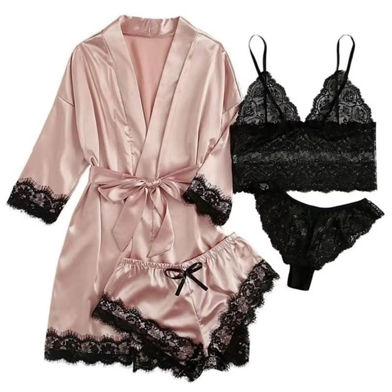 Sommerliches Spitzen-Satin-Dessous-Set, 4-teilig