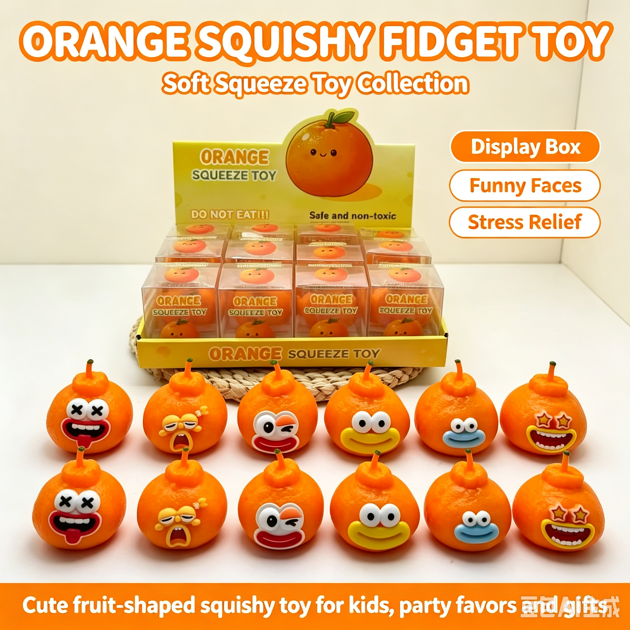 Orangefarbenes Squishy-Fruchtspielzeug mit Mimik