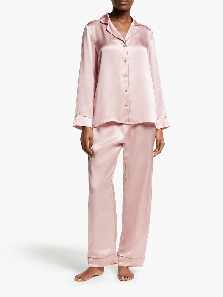 Damen Satin Schlafanzug Langarm mit Morgenmantel 2