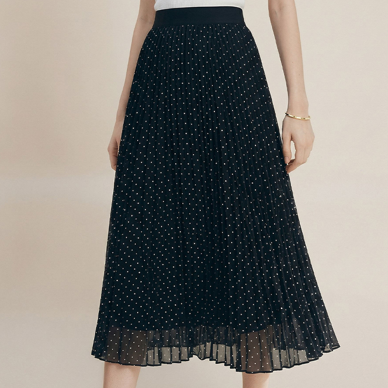 Plissierter Chiffon-Midirock mit Punktmuster