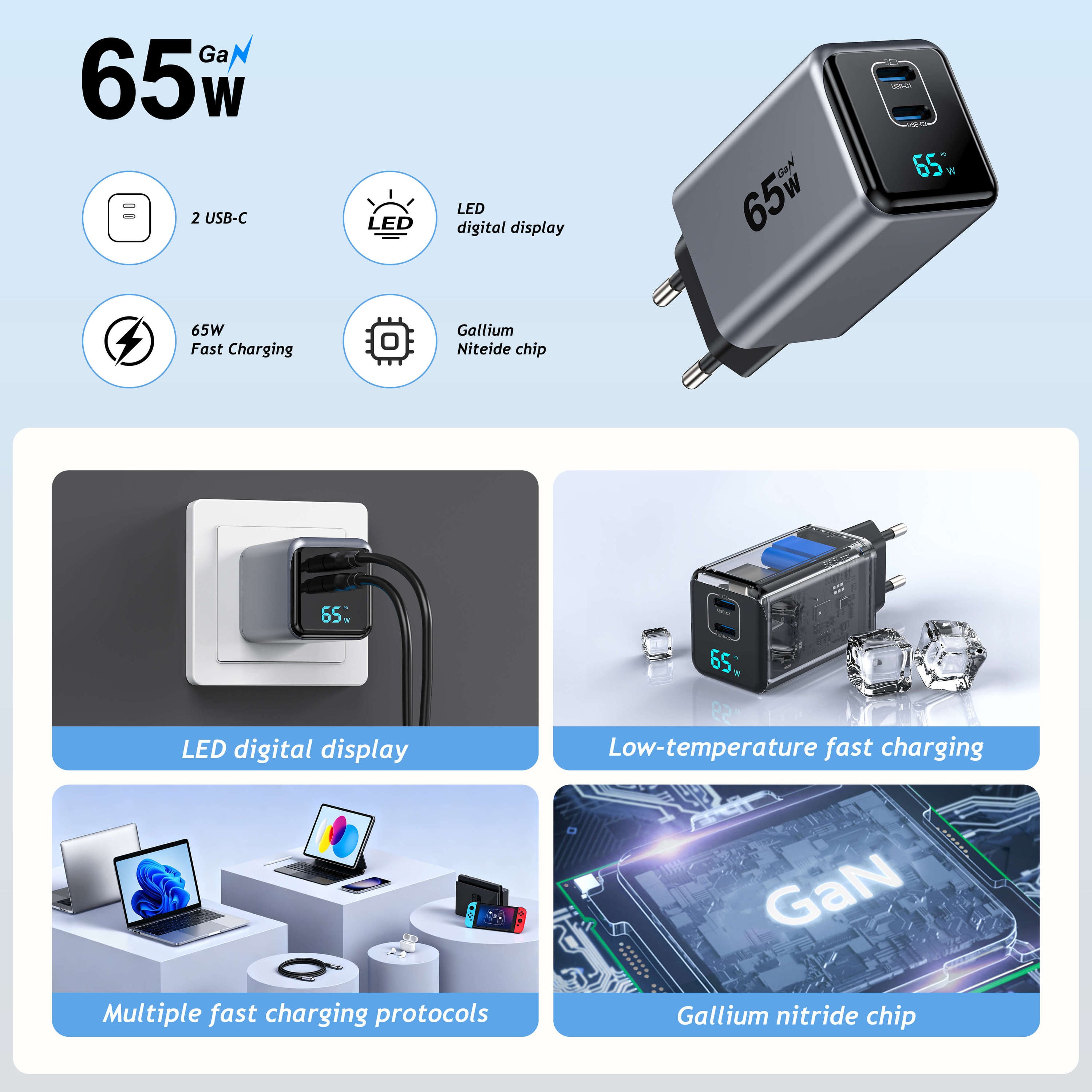 65W GaN USB-C Wandladegerät mit Display 4