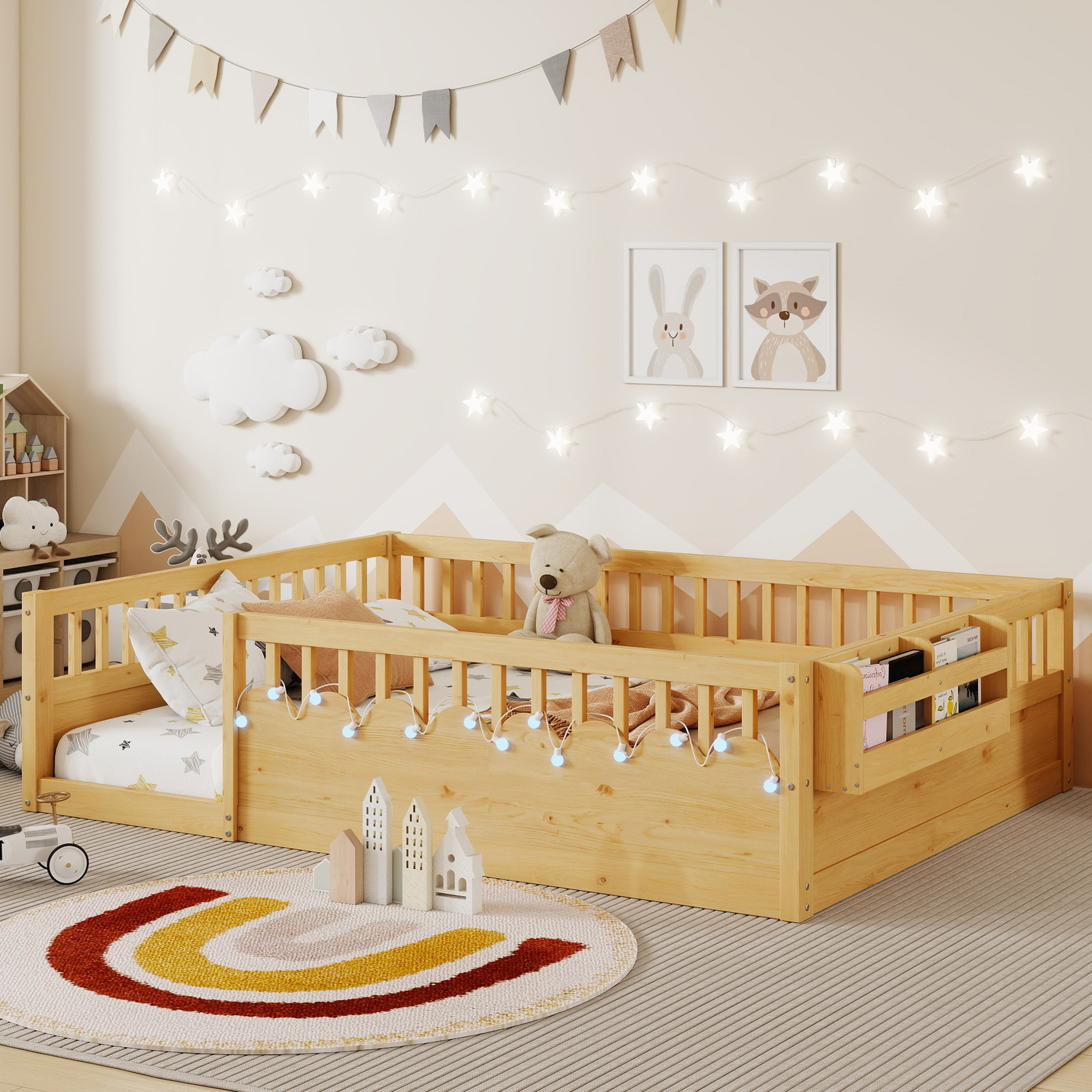 Montessori-Kinderbett aus Holz mit Lichtleiste