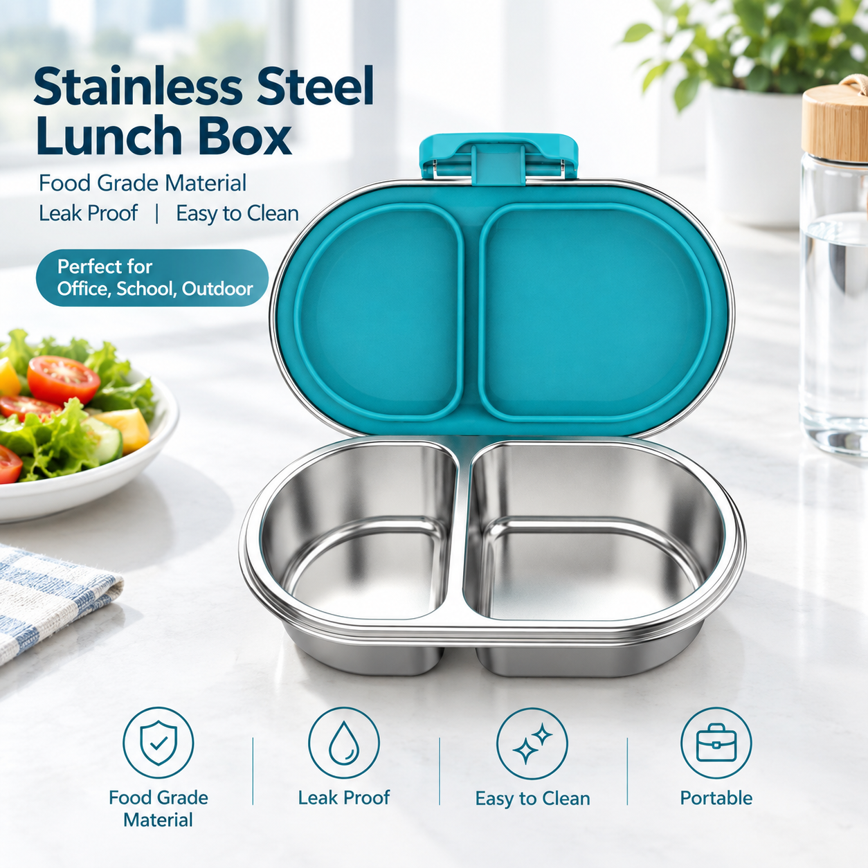 Auslaufsichere Edelstahl-Bento-Box mit 2 Fächern