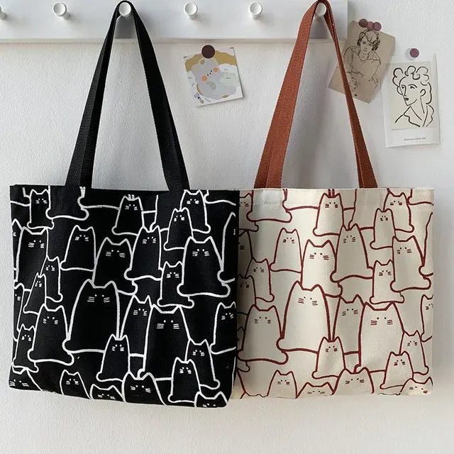 Japanisch inspirierte Canvas-Schultertasche mit Katze 3
