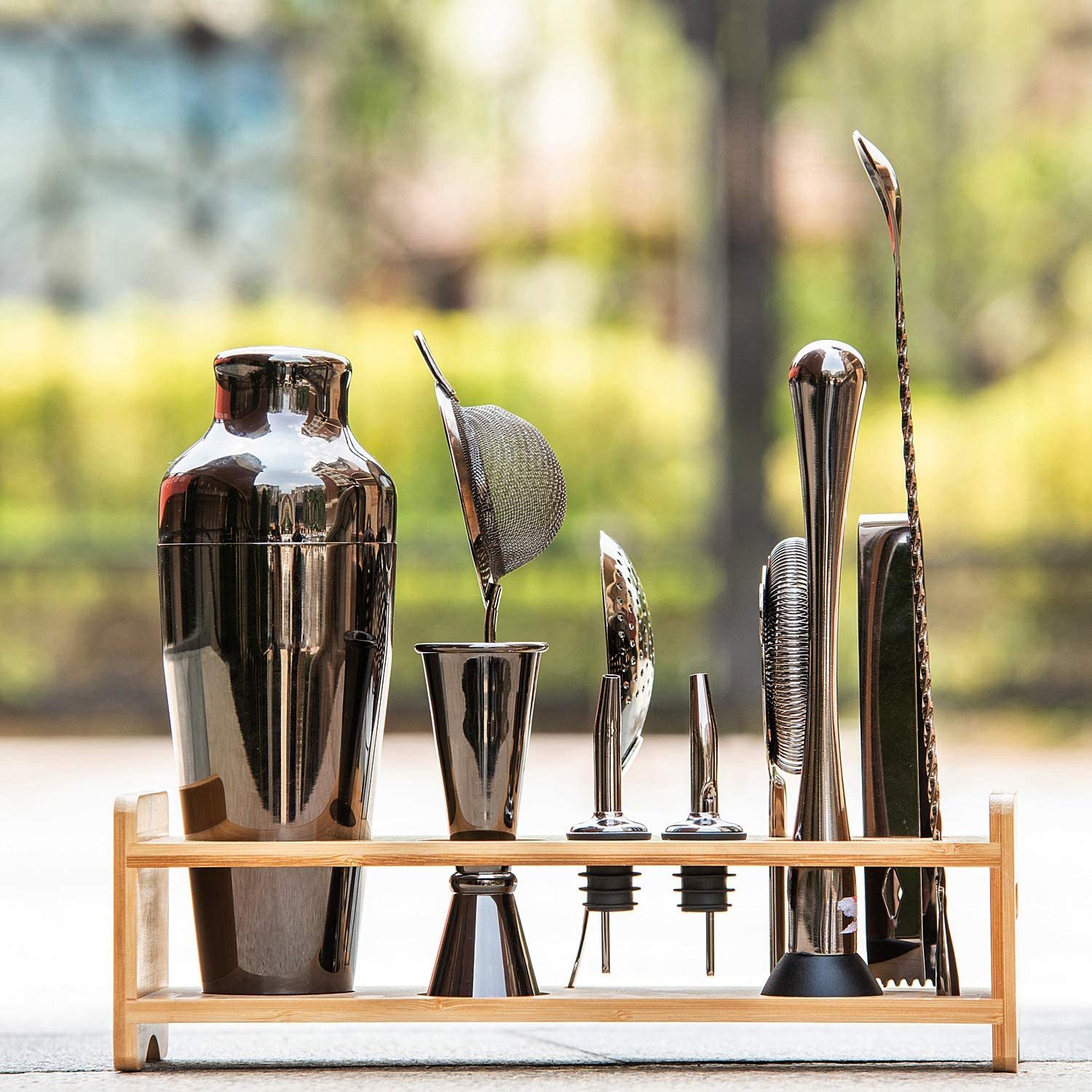 Edelstahl Barkeeper-Set mit Bambusständer, 10-teilig 3