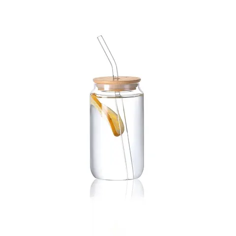 Dosenförmige Borosilikat-Trinkflasche mit Bambusdeckel